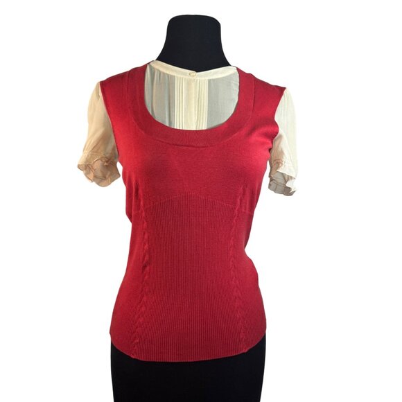 Worthington Women's Size Medium Red Knit Top With Sheer Sleeves & Button Accents - Picture 1 of 7